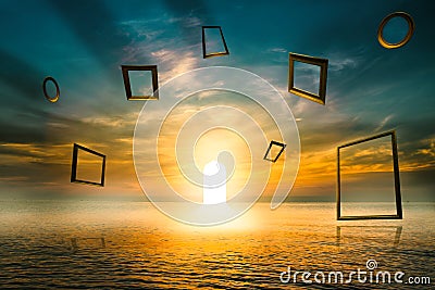 Gate of life ,Illuminated door Symbol of good deed ,Imaginative concept. Use Islamic arches with sea â€‹â€‹View Stock Photo